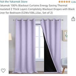 Yakamok 100% Blackout Curtains Energy Saving Thermal Insulated 2 Thick Layers Completely Blackout Drapes with Black Liner for Bedroom (52Wx108L,Lilac,