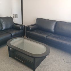 2 Black Leather Couches W/Table 