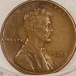 1955 Wheat Penny No T In Trust, Light Strike On 5 In 1955. 