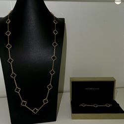 18k Gold Filled Black Clover Bracelet And Necklace 
