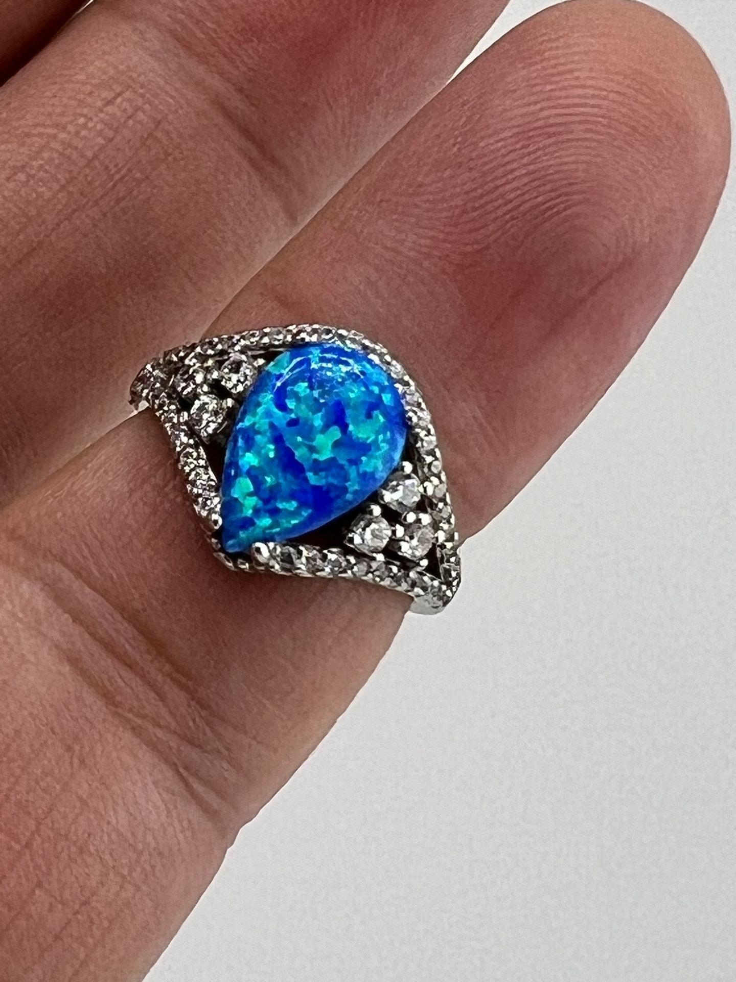 New 925 Sterling Silver Opal Clear CZ Stone Ring Size 7