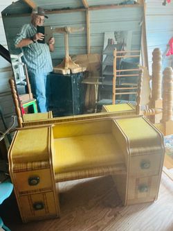 Vintage Art Deco Waterfall Vanity with Mirror and Stool