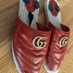 Gucci Women's Marmont Leather Espadrilles Mules Flats Slides Red EU 9 US 9