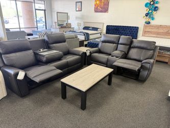 Dark Gray Leather Reclining Sofa and Loveseat Set