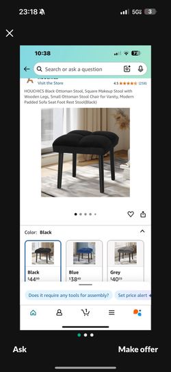 Ottoman Stool, Square Makeup Stool with Wooden Legs, Small Ottoman Stool Chair for Vanity, Modern Padded Sofa Seat Foot Rest Stool(Black)