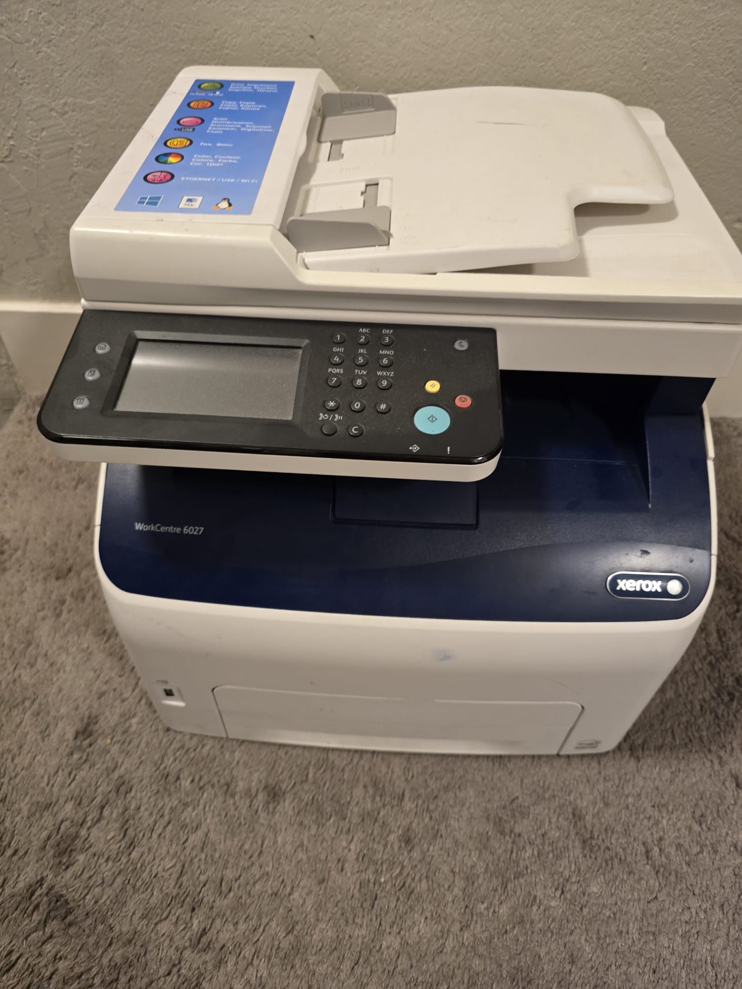Xerox workcentre 6027 multifunction wirless printer, scanner, coppier and fax with ink cartridges.