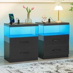 LED Nightstand Set of 2 with 2 Large Drawers, Modern Bedside Table with Acrylic Open Shelf, Sturdy End Table for Bedroom Living Room, 15mm Thick Top &