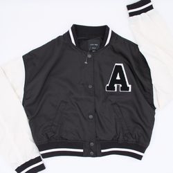 Love Tree (M) Black White Cropped Varsity Bomber Jacket Patch Letter A