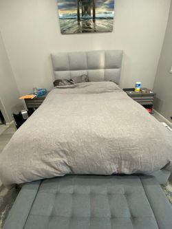 QUEEN MATTRESS BEDFRAME WITH STORAGE LIKE NEW GREY
