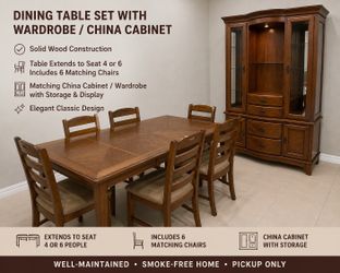 Solid Wood Dining Table Set + Matching China Cabinet / Hutch