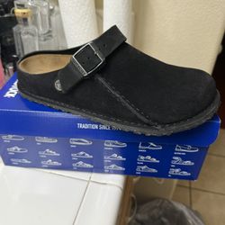 Black suede Birkenstock Madrid clogs