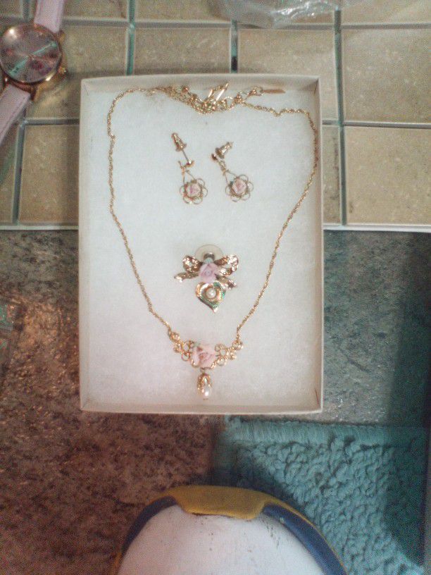 Vintage Pink Rose And Drop Pearl Necklace,Earrings, And Pin