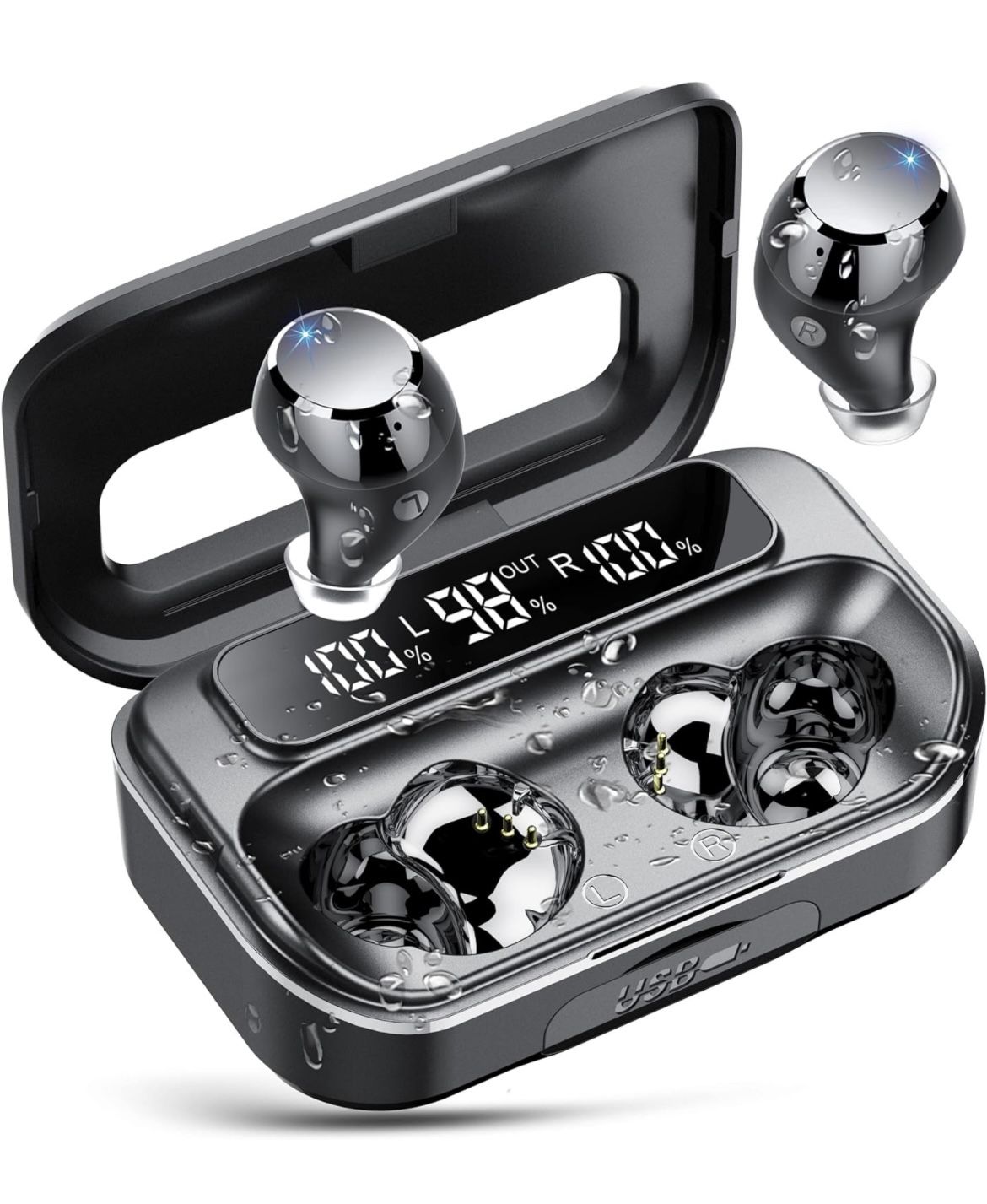 Ear Buds Wireless Bluetooth Earbuds Bluetooth 5.3 Headphones with 4 ENC Noise Cancelling Mic Powerful Bass In-Ear Earbuds with LED Display 128H IP7 Wa