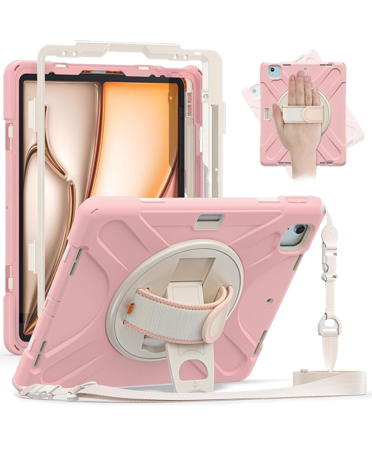 Case for iPad Air 13 inch 2025 2024 M3/M2 Chip Heavy Duty Rugged Durability Silicone Tablet Cover with 360° Rotating Hand Strap Foldable Hidden Stand 