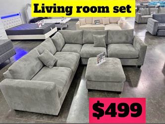 Gray Corduroy Sectional Sofa with Ottoman