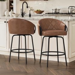 26" Leather Counter Height Bar Stools Set of 2, 360° Swivel Upholstered Barstools with Backs and Metal Legs, Brown