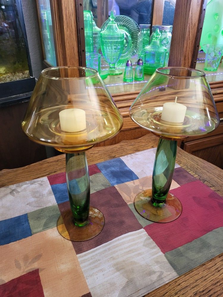 Gardners Eden Green And Amber Candle Sticks Set Of 2
