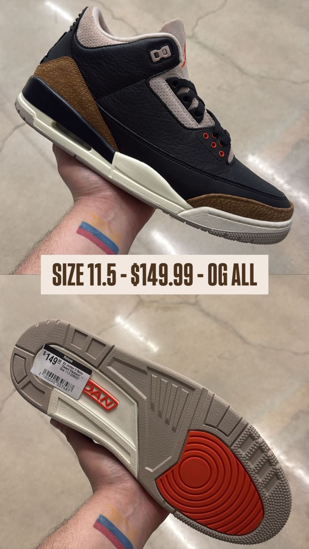 DESERT ELEPHANT AIR JORDAN 3 SIZE 11.5