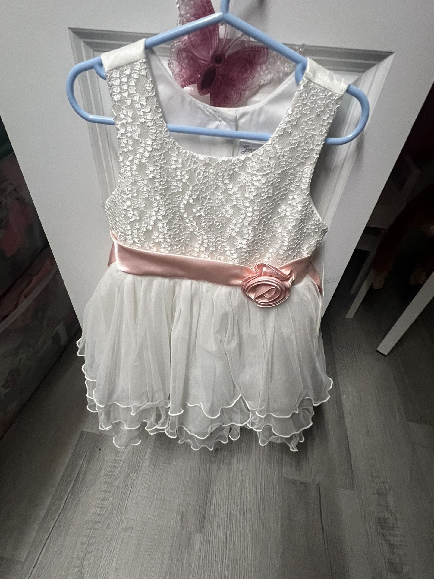 White Lace Dress With Pink Sash 4T
