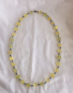 Handmade necklace yellow and blue glass beads 31” long