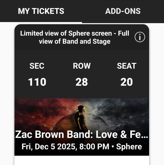 2 Tixs To Zac BROWN Band @Sphere