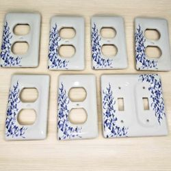 Leviton Porcelain Ceramic 5 Outlet 1 double toggle Plate Cover White & Blue Floral Electrical