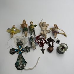 Vintage Angel Fairy Ornament Lot Cross Rosary Snow Globe Christmas Decor