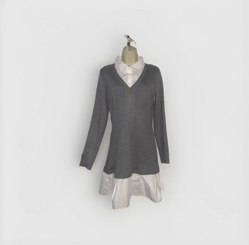Xl Grey Sweater Dress J IsFor Justify White Collar Vneck Long Sleeve Stretch NWT
