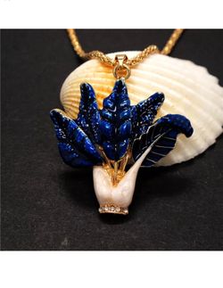 Crystal Blue Plant In Vase Necklace