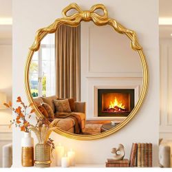 Gold Baroque Wall Mirror Bow Frame Vintage Round Bathroom Vanity Entryway Decor