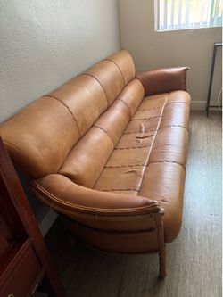 Pacific Green Cognac Leather & Palm Wood Navajo Sofa.