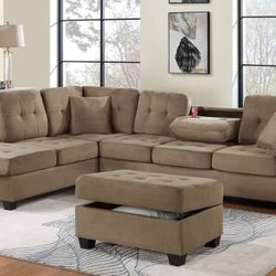 3pcs Sectional Sofa W/storage Ottoman & DropDown Cupholder