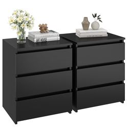 Nightstand Set of 2 Black Nightstand with 3 Drawers, Black Bedside Table Night Stand for Bedroom with Cut-Out Handle, Sofa Side Table 3 Dra