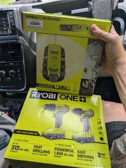 Ryobi+1  2 drill combo with a electric screwdriver and a stud finder and a laser level and more!