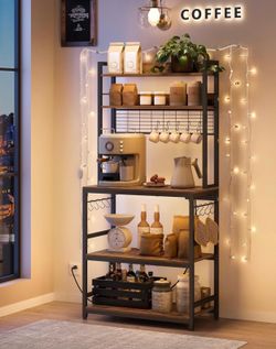 Bakers Rack with Power Outlet, Microwave Stand, Kitchen Tall Utility Storage Shelf, with Metal Wire Panel, 14 Hooks, 15.7 x 31.5 x 66.9 Inches, Rustic