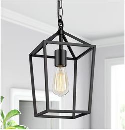 1-Light Black Farmhouse Island Pendant Light Fixture with Caged Metal Shade.