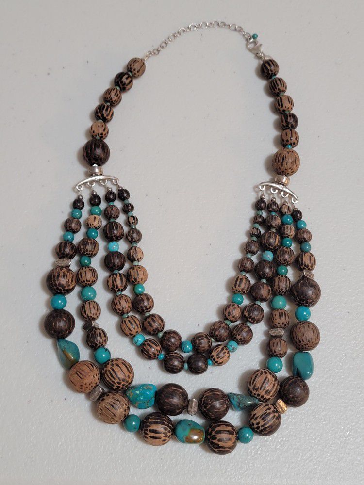 Sterling silver SX Sally Pakitan (old palm wood) beads & turquoise necklace 18"
