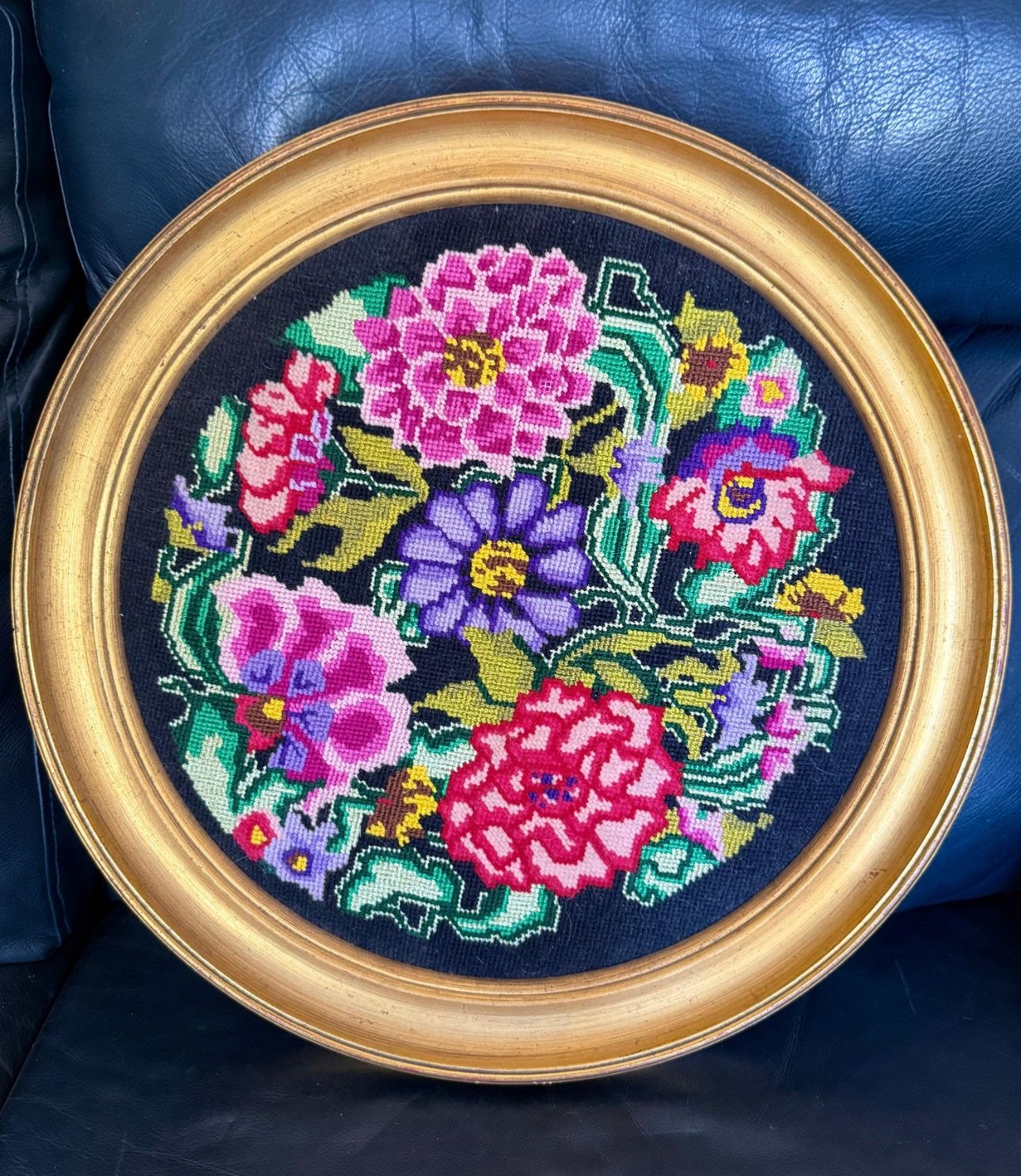VINTAGE ROUND FLORAL NEEDLEPOINT FRAMED 20" ROUND