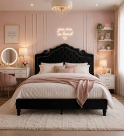 Queen Bed Frame with Adjustable Headboard/Velvet Upholstered/Diamond Button Tufted and Metal Studs/No Box Spring Needed/Wood Slat Support/Easy Assembl