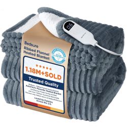 Bedsure GentleSoft Electric Blanket Twin - Soft Ribbed Flannel Heated Blanket, Heating with 6 Time Settings (Up to 10H), 6 Heat Settings & 8Hr Timer A