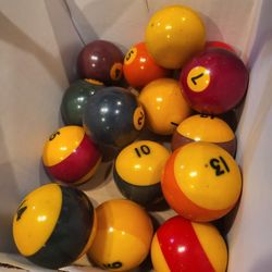 Billiards pool balls, vintage complete set includes cue ball, slight discoloration.