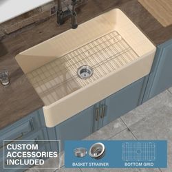 Firecaly Farmhouse Kitchen Sink 33 x 18 Inch Bone Color, Apron Front Undermount Farm Sink Single Bowl, Large Capacity Heavy Duty, with Accessories 2 T