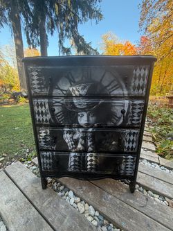 Hand-Painted Black Dresser with Gothic Art