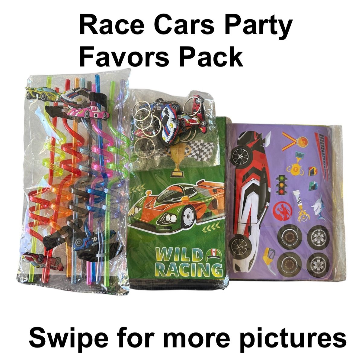 Race Car Party Favors Pack – Straws Bags Keychains Stickers 40pc Birthday