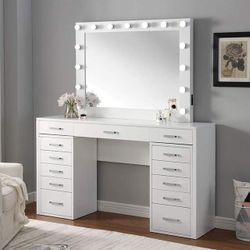 GLAM WHITE MAKE-UP VANITY CABINET TABLE DRAWERS HOLLYWOOD BULBS-MIRROR