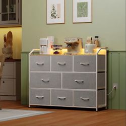 Fabric Dresser/TV Stand With Power Outlets/LED Lights