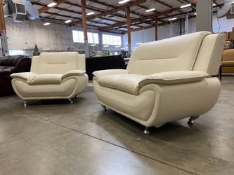 Contemporary Modern Ivory Leather Living Room Set with Chrome Feet (Set of 2)
