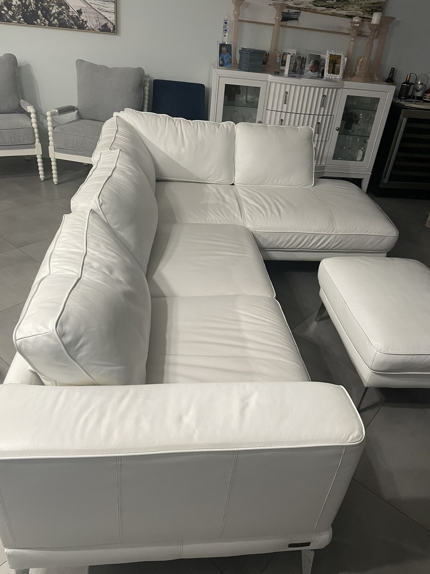 White Leather Sectional Couch & Ottoman