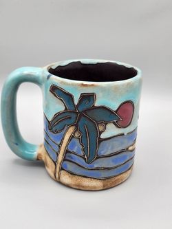 Vintage DESIGN BY MARA Mexico Hand- Carved Pottery Mug -Tropical Beach Palm Tree