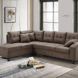 Brown Textured Fabric L Shape Couch Sofa Sectional